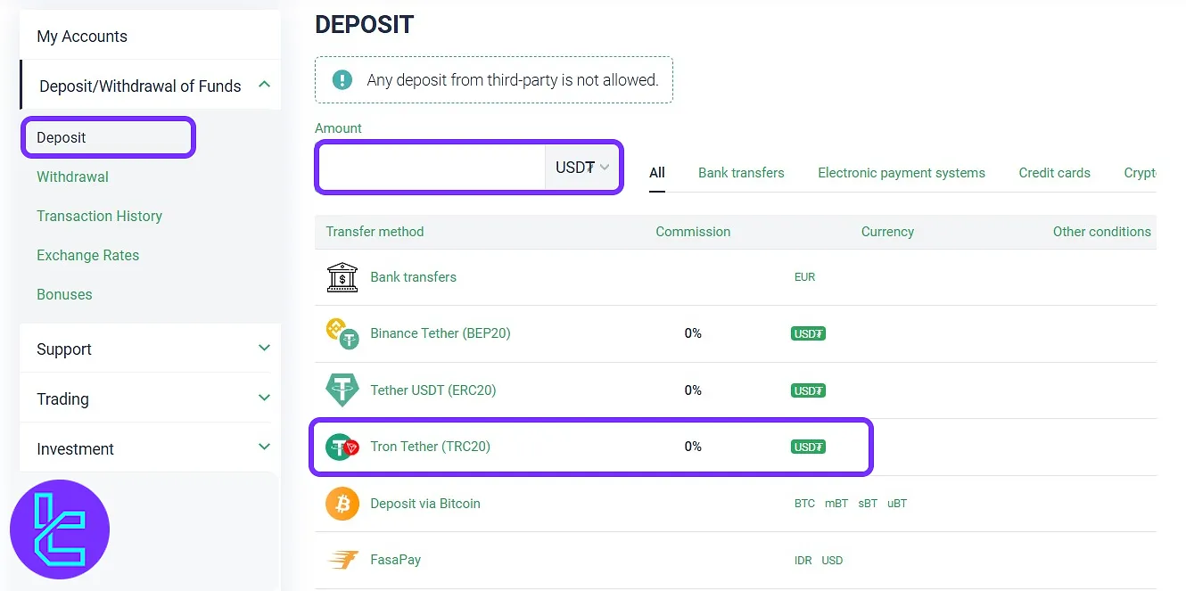 choosing Esperio USDT TRC20 funding option