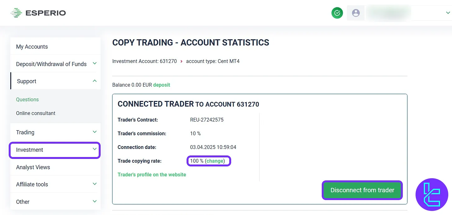 Esperio social trading control panel settings