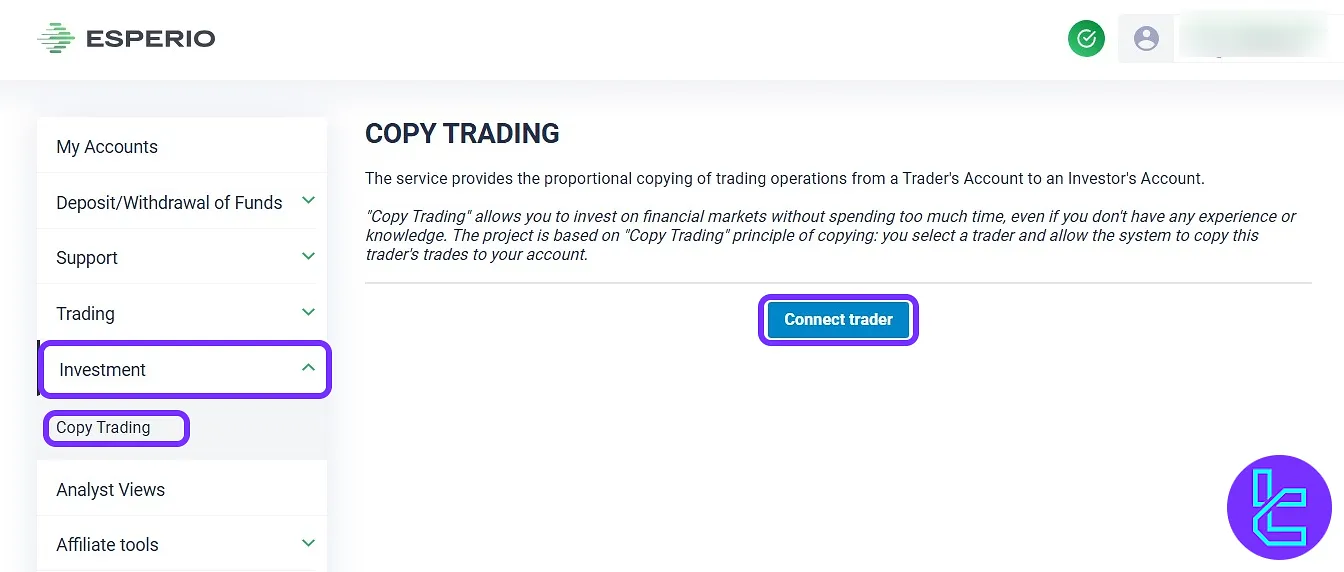 Esperio "Investment" section for starting the social trading setup