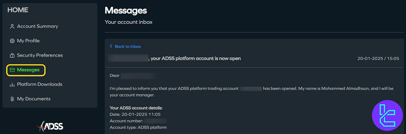 Message notification showing successful ADSS KYC