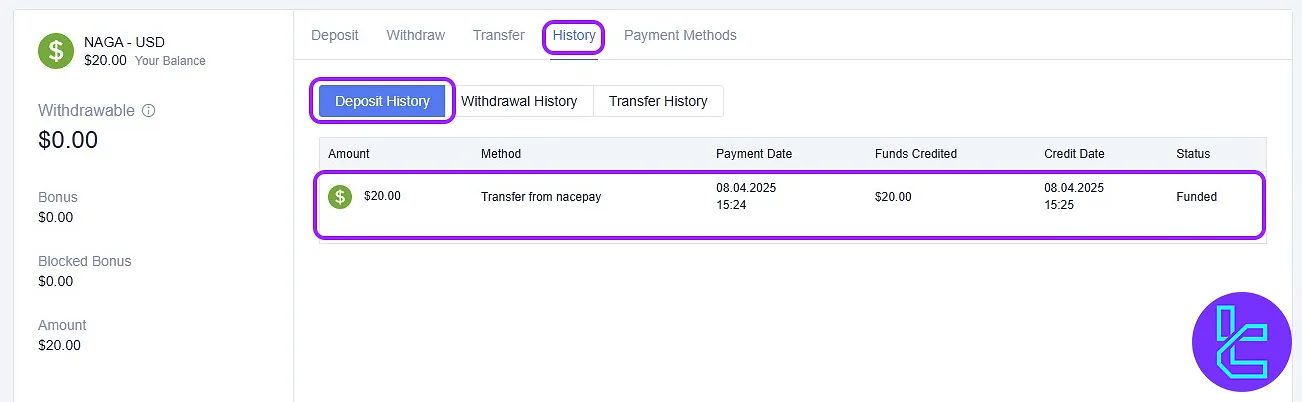 NAGA TRC20 payment balance update