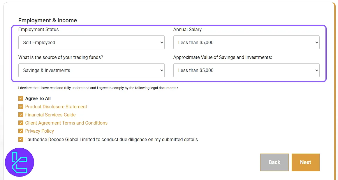 Employment and financial information section on the Decode Global sing up