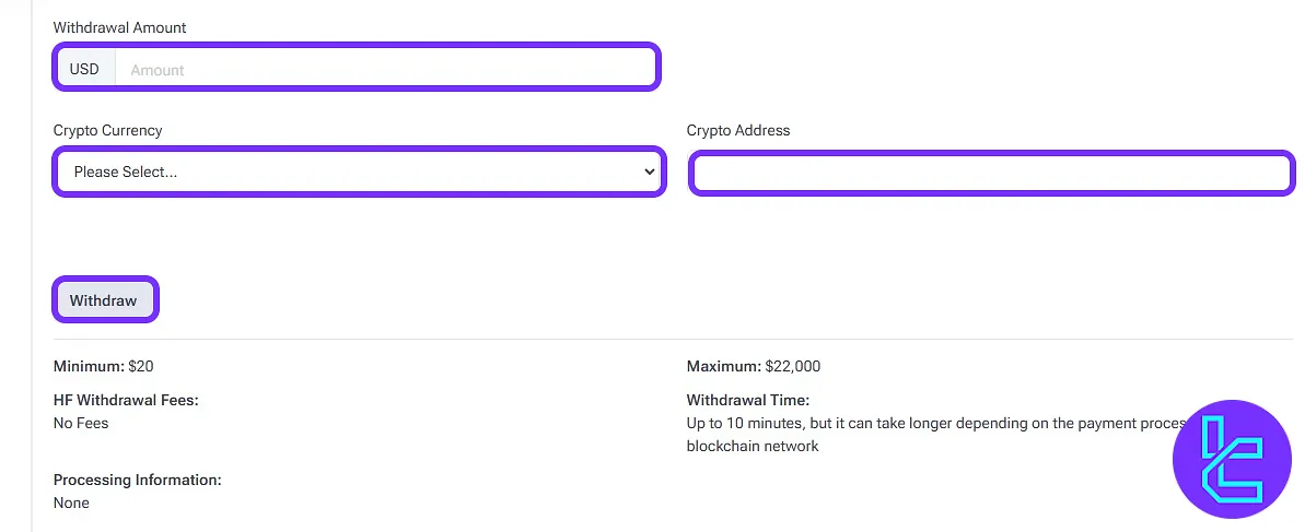 Filling HFM TRC20 deposit form