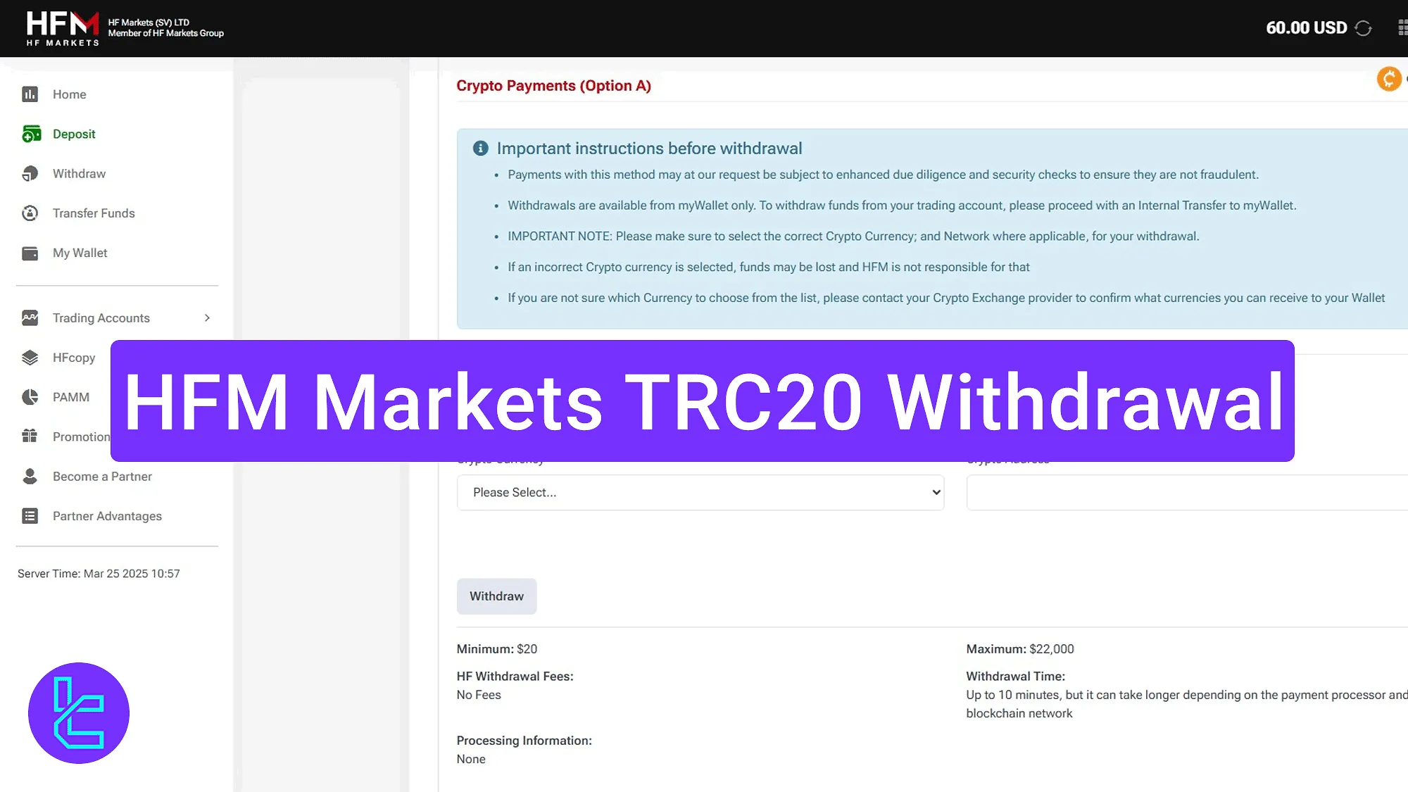 Initiating secure USDT cash-out via TRC20 on the HFM platform