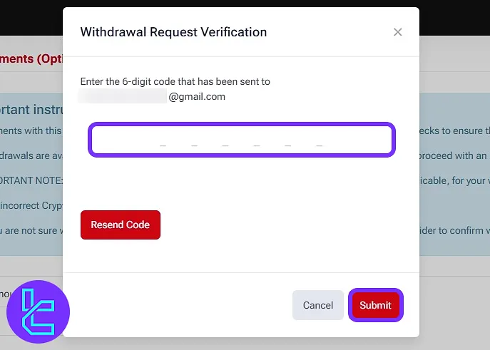 Entering confirmation code for HFM TRC20 transaction verification