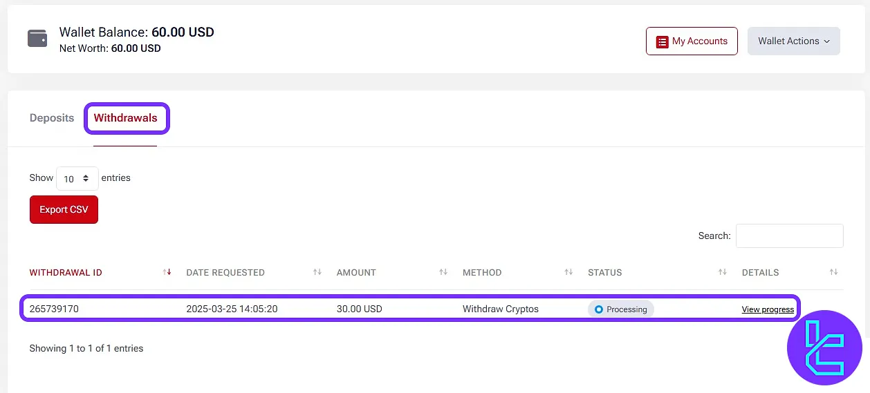 Tracking the HF Markets TRC20 payout status on the interface
