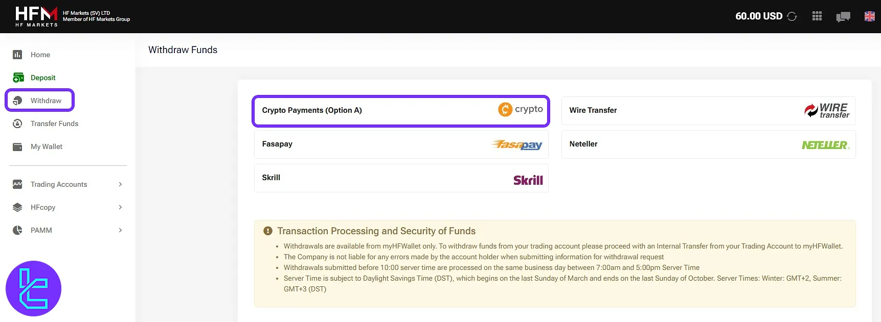 Navigating the crypto payout panel and selecting the payment method to withdraw TRC20 from the HFM Markets