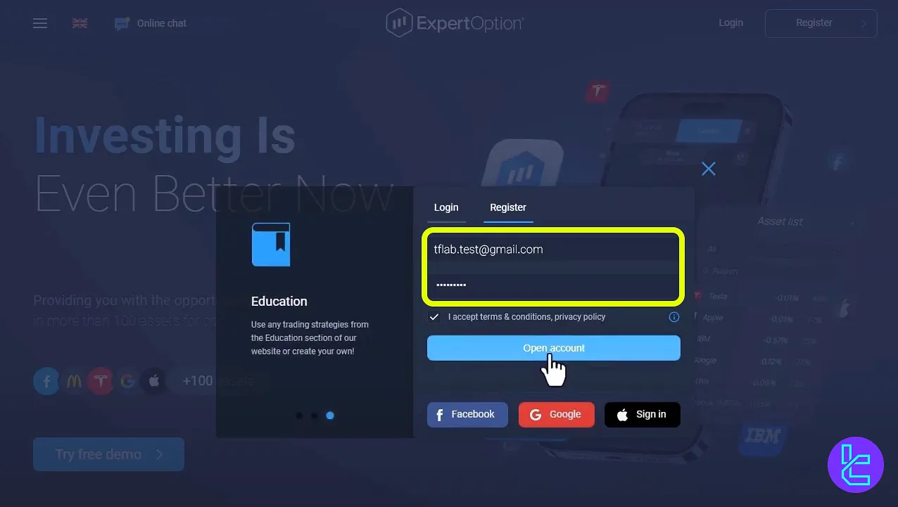 فرم ثبت نام بروکر اکسپرت آپشن