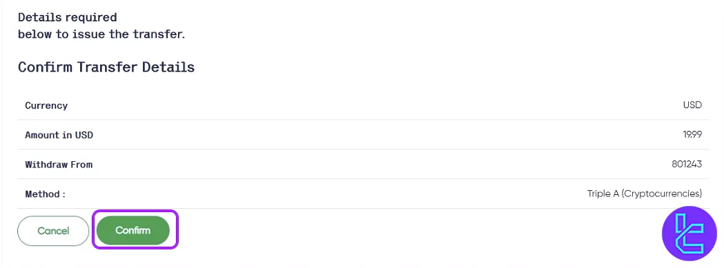 Confirmation page for Trust Capital TRC20 transfer