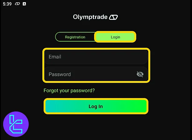 OlympTrade app sign-in screen with credentials entry
