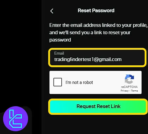 Email input for Olymptrade forgot password assistance request