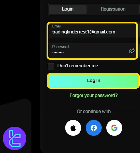 Enter credentials in the OlympTrade sign-in form