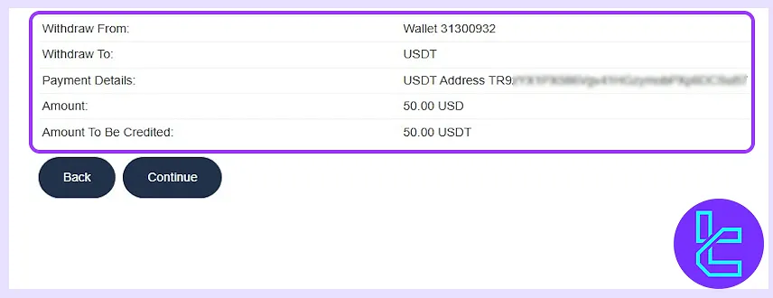 Confirming details in Traders Trust TRC20 payout