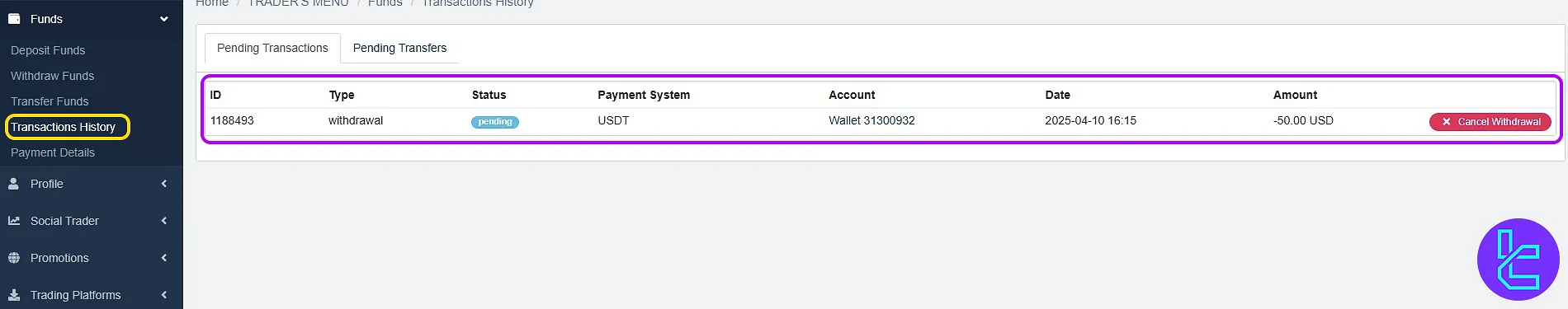 Tracking Traders Trust TRC20 cash out status