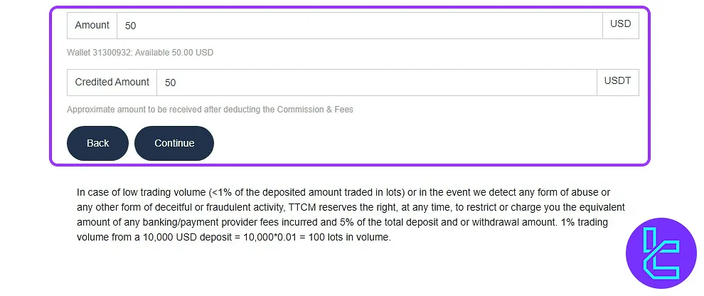 Setting amount for Traders Trust TRC20 request fund
