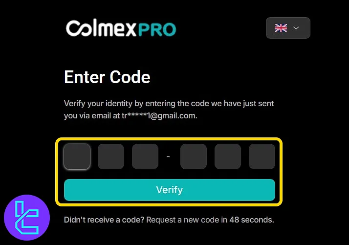 Colmex Pro OTP entry screen for email validation during the account creation