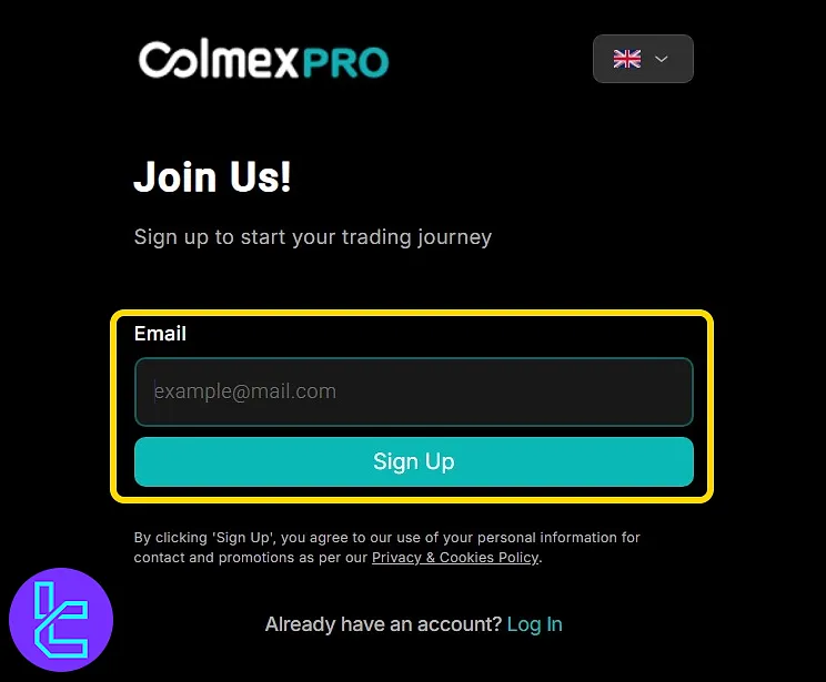 Colmex Pro account creation form for entering your email