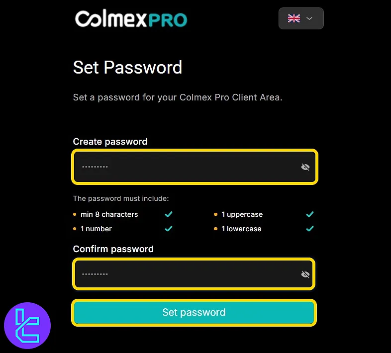 Creating secure login credentials in the Colmex Pro account setup process