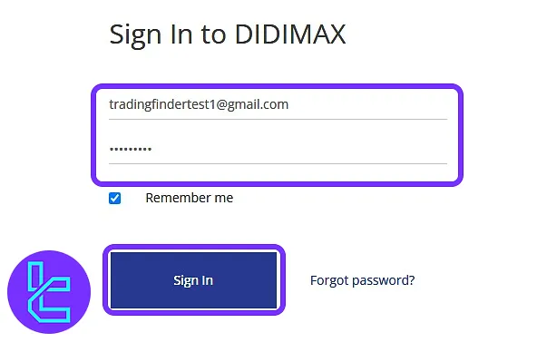 Didimax account login screen after the sign-up process