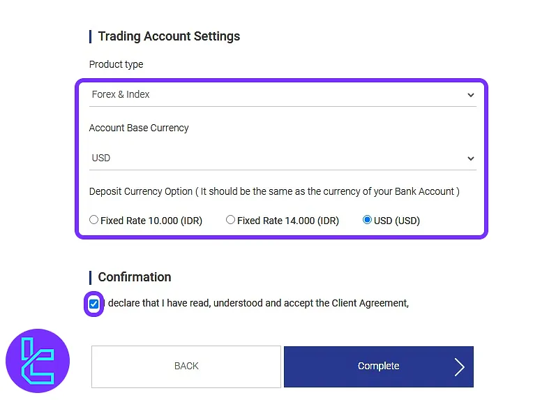 Didimax trading preferences and terms confirmation screen in the sign-up process