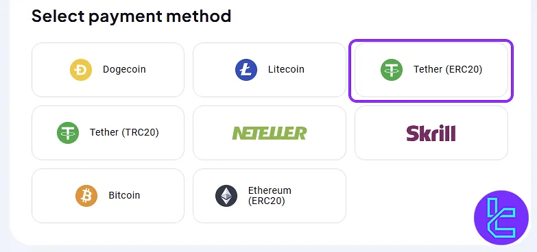 Selecting OctaFX ERC20 Tether as the cash out method