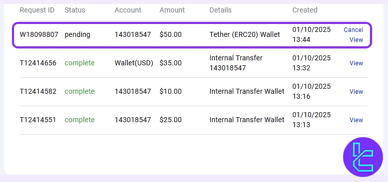 Viewing OctaFX ERC20 cash-out history