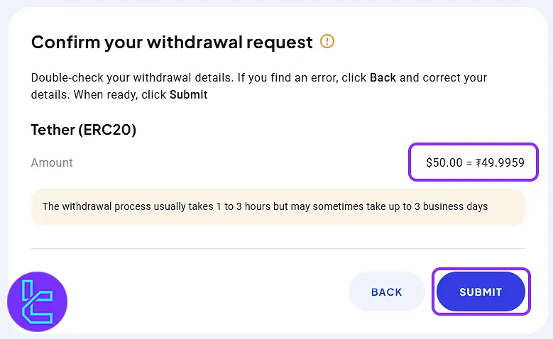 Clicking submit to confirm OctaFX ERC20 transfer fund
