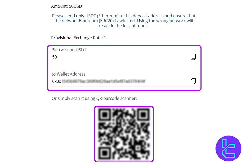 Reviewing the amount and scanning the QR code for Exclusive Markets ERC20 payment