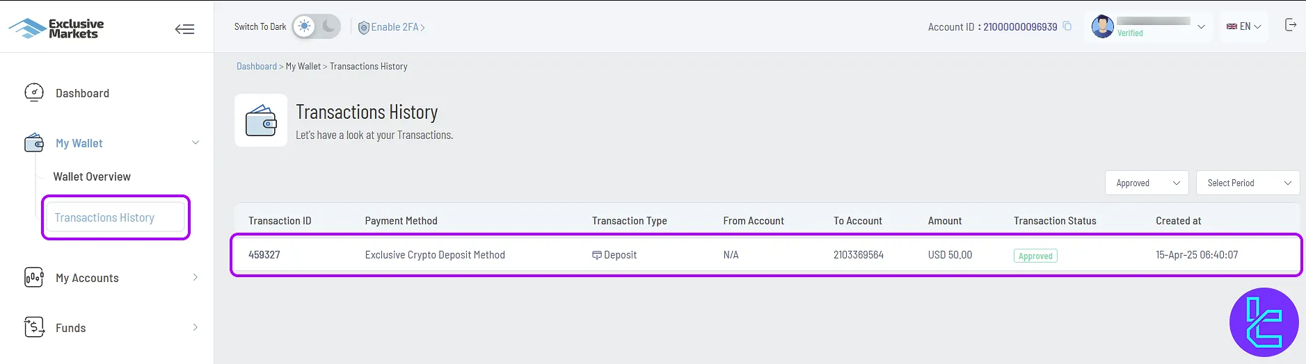 Wallet section showing successful Exclusive Markets ERC20 funding