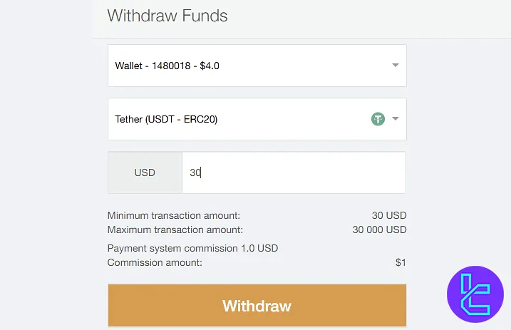 Select wallet and enter amount for AMarkets ERC20 payout