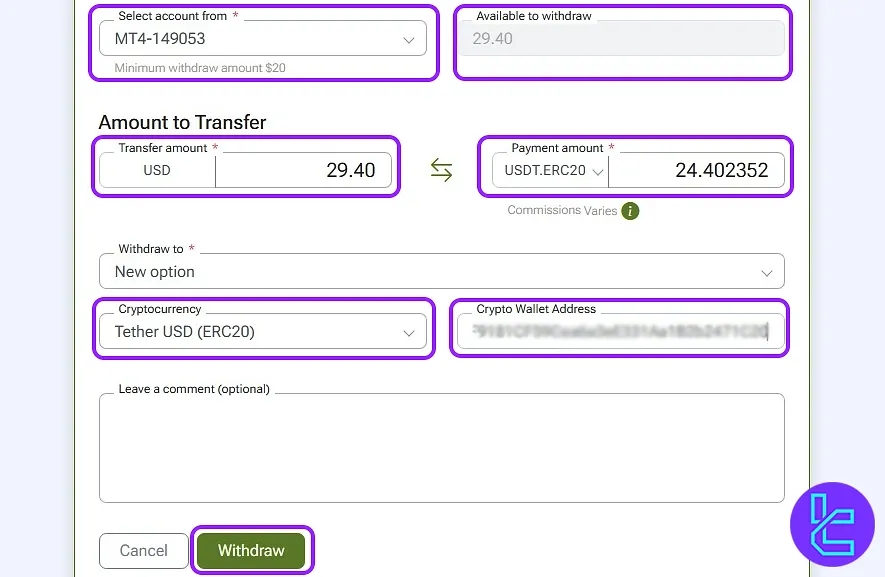 ERC20 wallet address in IFC Markets ERC20 transfer fund