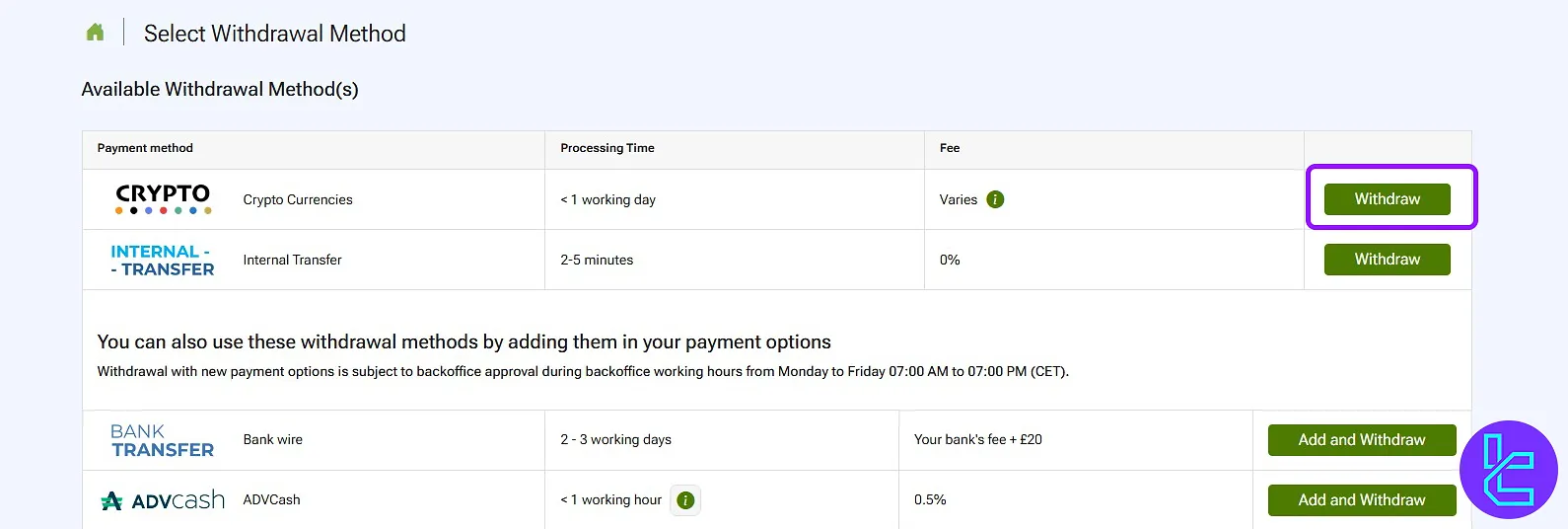 IFC Markets ERC20 transfer out method options