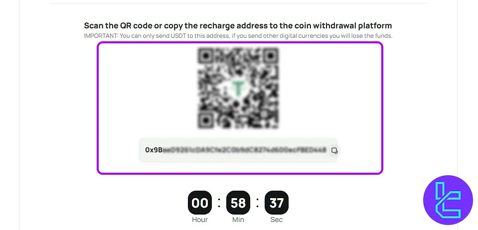 QR code and wallet address for OQtima ERC20 cash in