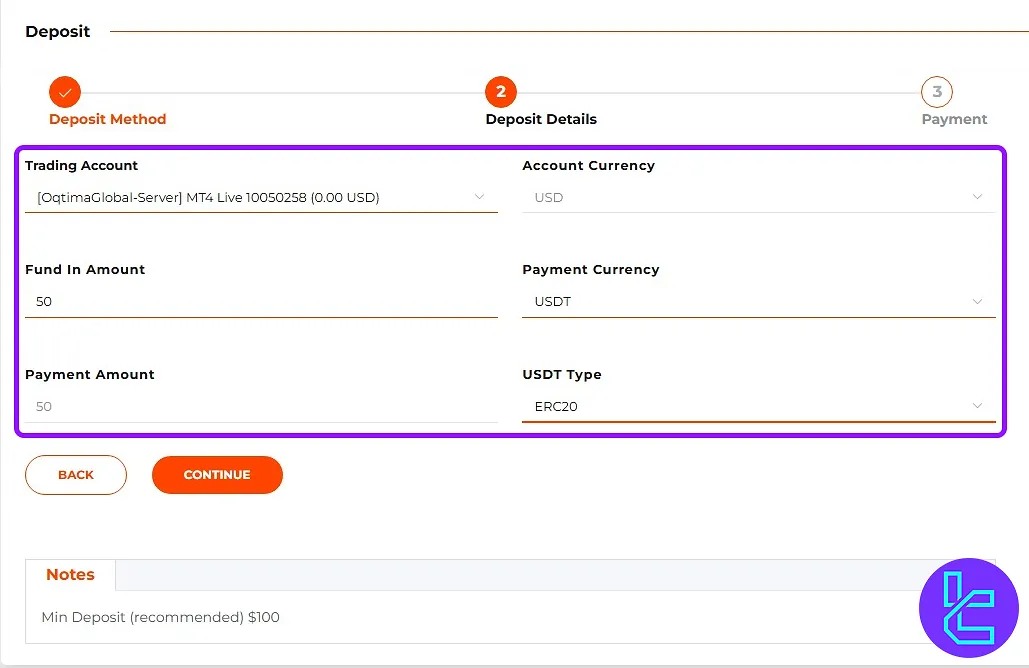 OQtima ERC20 payment network and amount selection