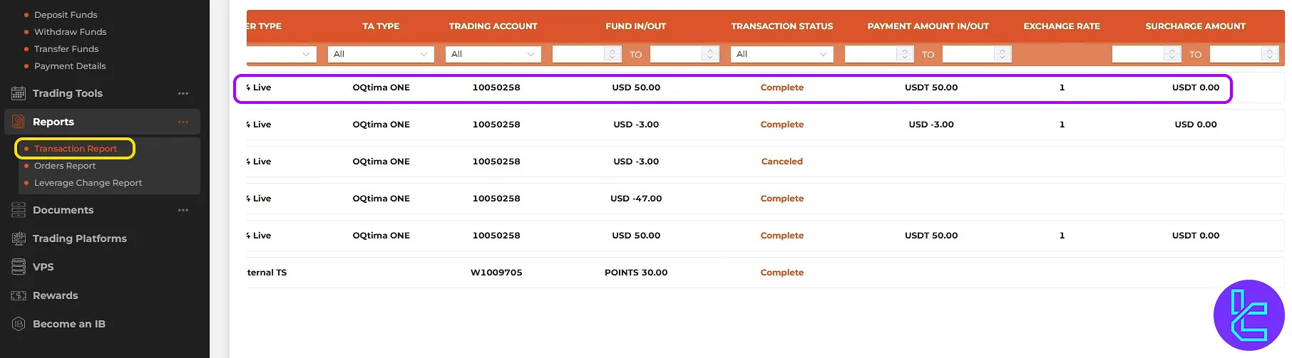 Transaction report section in OQtima ERC20 payment