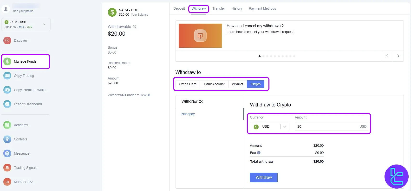 Initiate USDT on NAGA TRC20 payout