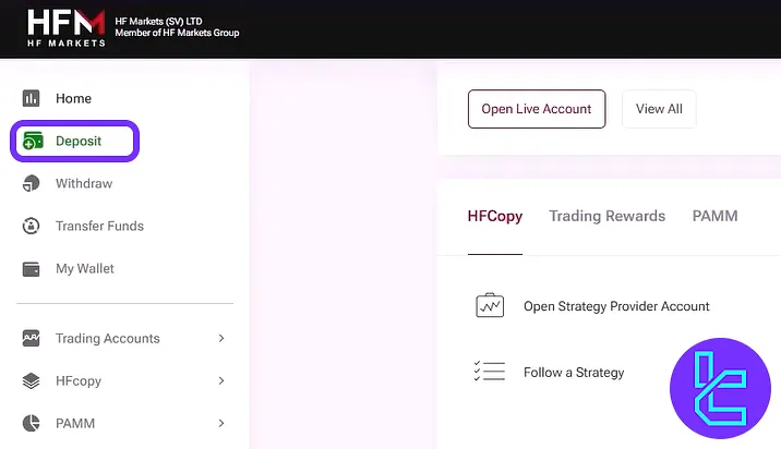 selecting the deposit option for TRC20 payment from the HFM interface