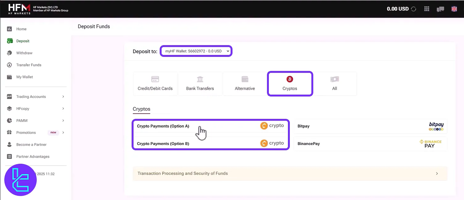 Choosing the TRC20 payment option in the HFM TRC20 payment process