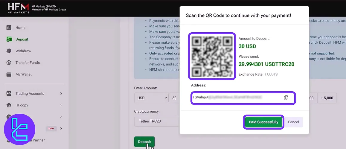 Scanning and confirming TRC20 transaction with your wallet to fund the HFM account
