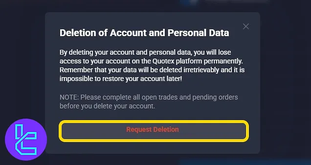 Quotex account closure confirmation and request button