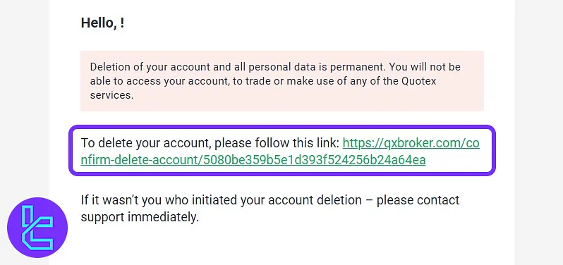 Quotex email confirmation link for account removal