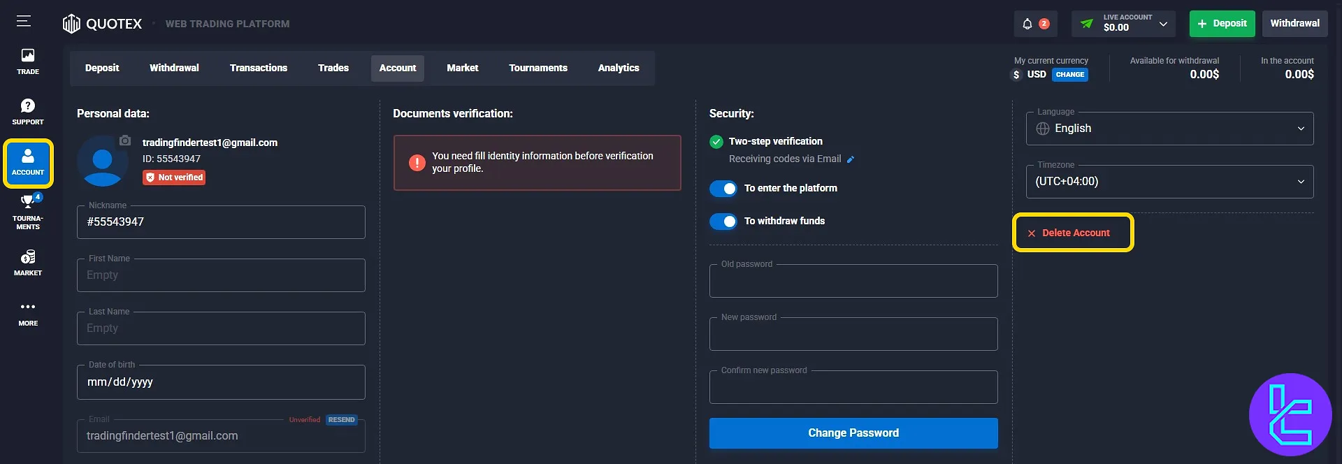 Quotex dashboard account removal section