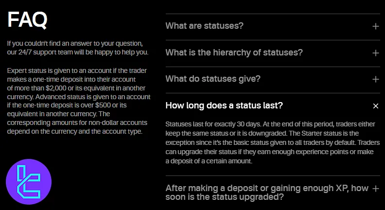 Status duration, upgrade rules, and deposit requirements in the Olymp Trade account levels FAQ section