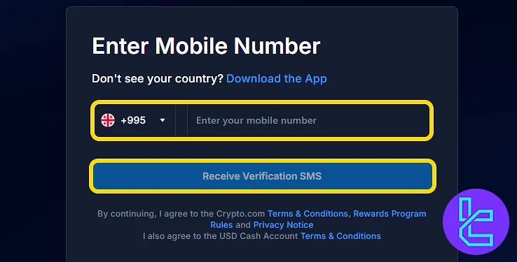Input phone number for Crypto.com account creation