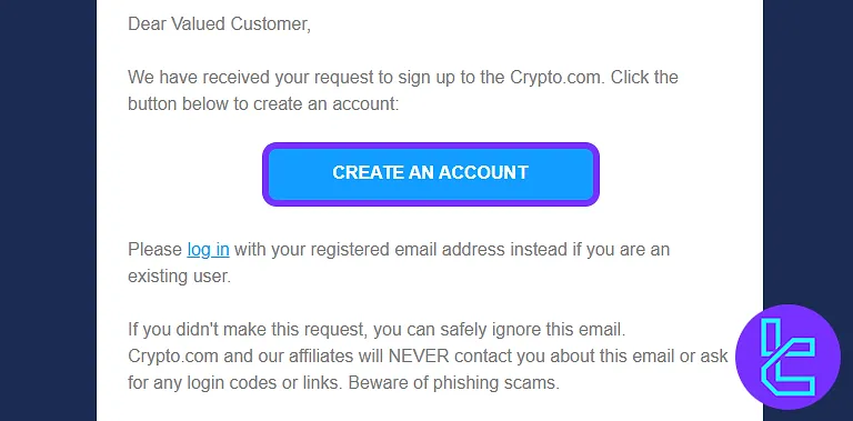 Crypto.com email confirmation step during the sign-up process