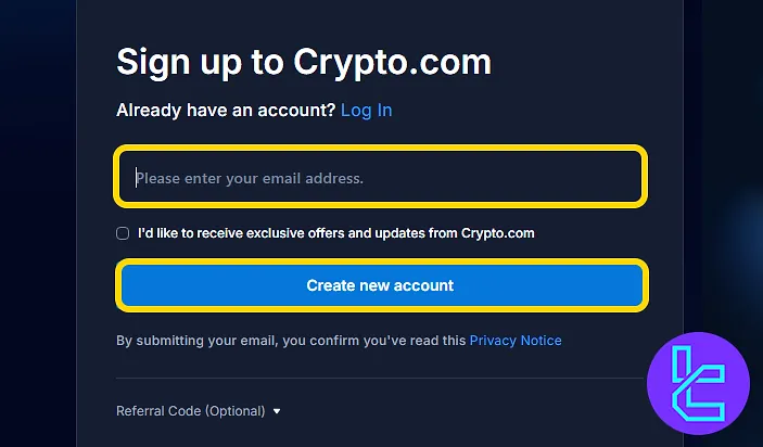 Input email for Crypto.com account creation