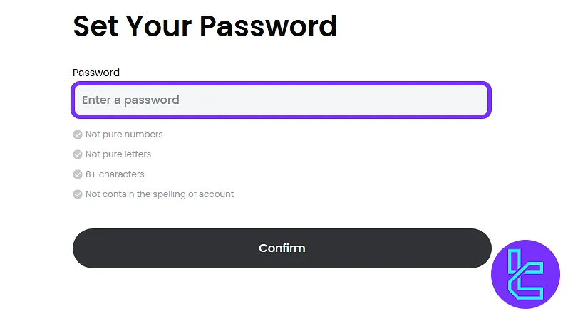 Password creation form in the Gate.io account setup process