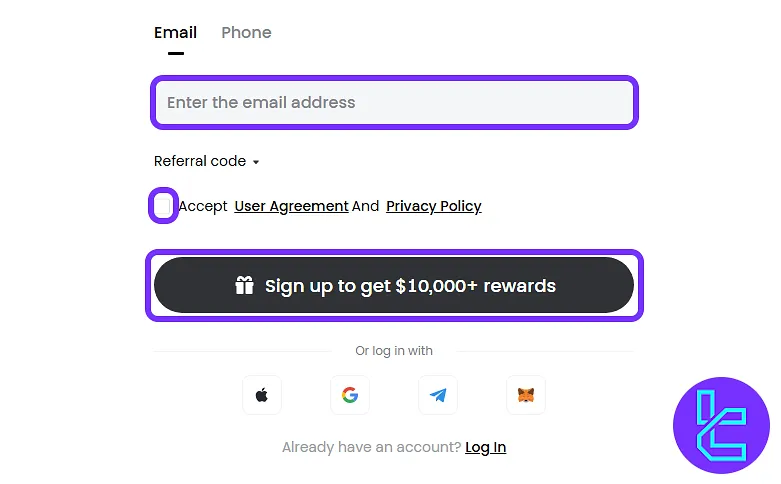 Gate.io sign-up form for email entry and referral code