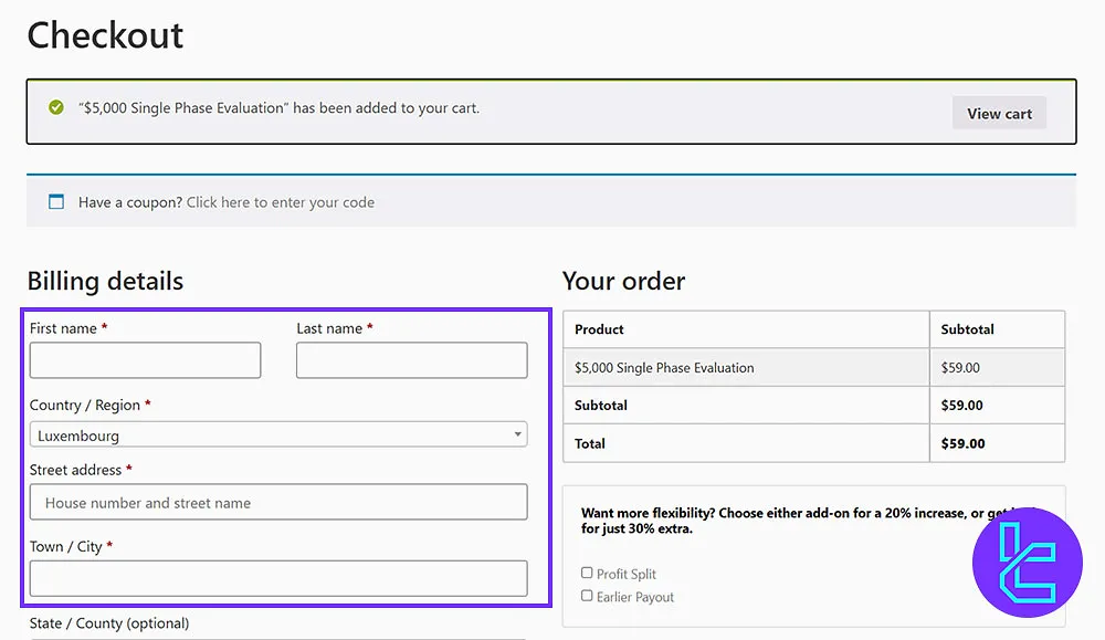 Filling in the Billing Info for DNA Funded Registration