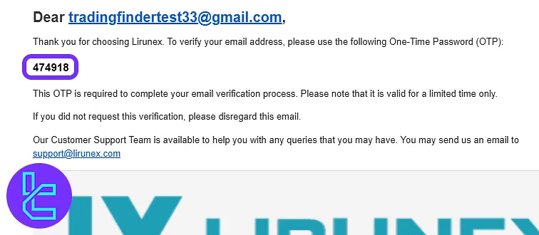 Lirunex email showing OTP code for newly created account verification